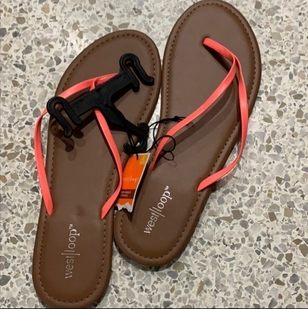 NWT West Loop Neon Coral Thin Sheild Sandals Flip Flops Size Medium (7-8) New - Picture 2 of 10